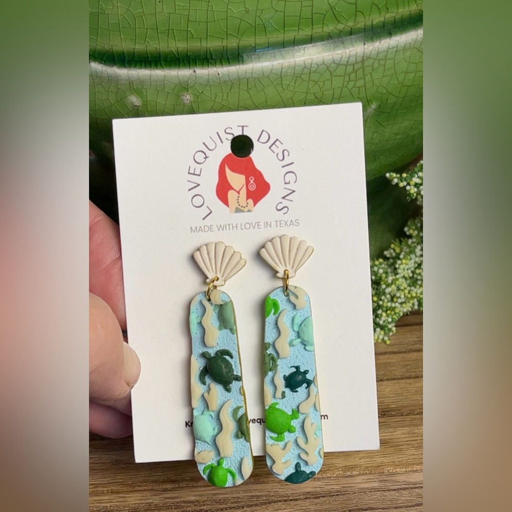Handmade SeaShell Turtle Glow Clay Dangle Earrings
